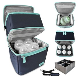 LUXUROO Cool Insulated Breast Milk Cooler Bag with Dual Sections, Non-Toxic, for Day Care Bottles and Pumping Working Traveling Moms to Keep Breast Milk Cold and Fresh On The Go (Navy/Light Blue)