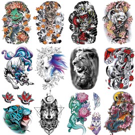 VERKSTAD 12 Sheets Half Arm Temporary Tattoos For Men and Women, Tiger Dragon Waterproof Temp Tattoo Stickers Adults, Hand and Body Art Realistic Tattoo Flower Animals