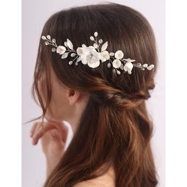 Rumtock White Flower Gold Hair Comb with Pearl Beads Wedding Bridal Jewelry Set Women Special Occasion Hair Piece (Gold)