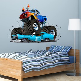 Monster Truck Wall Sticker - Truck Crushing Car Wall Decal Art (90cm Width x 65cm Height)