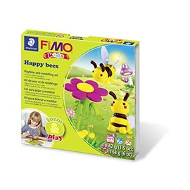 STAEDTLER 8034 27 LZ FIMO Kids Form&Play Playtime & Modelling Polymer Clay Set - "Happy Bees" (Pack of 4 Blocks, Stickers, Modelling Tools & Background Scene)