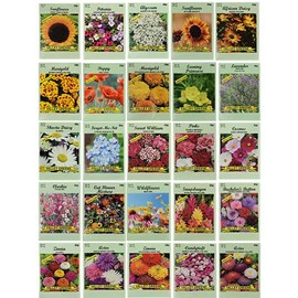 25 Slightly Assorted Flower Seed Packets - Includes 10+ Varieties - May Include: Forget Me Nots, Pinks, Marigolds, Zinnia, Wildflower, Poppy, Snapdragon and More - Made in the USA