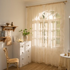 Sutuo Home Beige Lace Curtains 84 Inches Long 2 Set, Sheer Panels Rose Floral Embroidery Vintage Voile Window Treatment Pair for Bedroom Living Room, Retro Christmas Decor Rod Pocket, W57 x L84