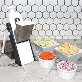 Fawkes & Co® Mandoline Safe Slicer, Julienne + Dicer for Vegetables French Fry Fruit, Cutter for Kitchen Meal Prep & More with 30+ Presets and Thickness Adjuster - Gray