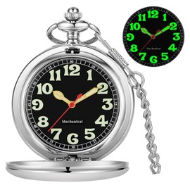 Tiong Silver Men's Smooth Steel Mechanical Pocket Watch with Luminous Dial Mechanical Pocket Watches with Chain for Men
