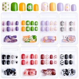 Kalolary 192 Pieces Fake Nails Artificial Stiletto Fingernails Full Cover Fingernails Cute Pattern with 8 Sheets Fake Nail Glue Stickers (Style A)