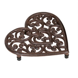 Antique Brown Scrolled Heart Pan Rest Trivet Stand Mothers Day Kitchen Gift