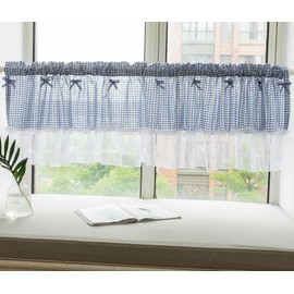 Huierxun Blue and White Buffalo Check Plaid Tier Curtains Floral Lace Semi Sheer Kitchen Curtain Farmhouse Gingham Curtains Rod Pocket Tiers for Living Room (Blue A,42"x24")