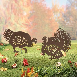Hokfirm Metal Turkey Garden Stakes Set of 2 Outdoor Thanksgiving Yard Decor Rusty Turkey Garden Statues Waterproof Steady (Turkey Rusty)