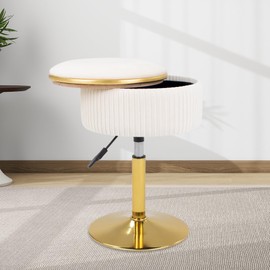 MRITWAII Adjustable Vanity Stool with Storage, 360° Swivel Makeup Stool Chair Small Velvet Round Ottoman with Gold Base for Bedroom (Beige)