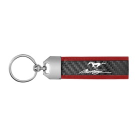iPick Image for Ford Mustang Script Real Carbon Fiber Strap with Red Leather Stitching Edge Key Chain