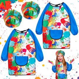 2PCS Kids Art Aprons and Hats for Age 7-12 Years Girls Boys,Waterproof Graffiti Painting Aprons Long Sleeves with Pockets, Kids Painting Smock Toddler Children, Play Apron for Painting,Craft,School,Bl