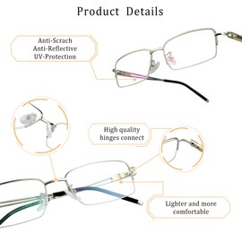 LifeArt Alloy Semi-Rimless Reading Glasses,Blue Light Blocking Glasses, Anti Eyestrain, Computer Gaming Glasses, TV Glasses for Men, Anti Glare (Silver, 0.25 Magnification)