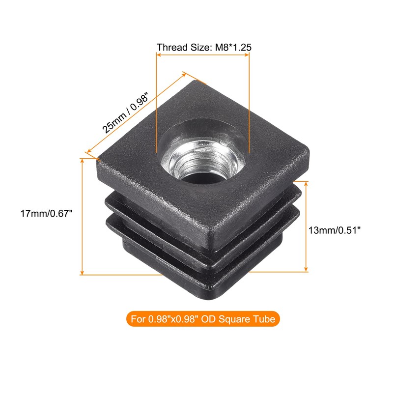 Uxcell 4Pcs M8 Threaded Square Tube Inserts - Black Plastic