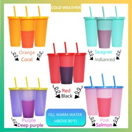 Color Changing Cups Set Cooler 24oz Reusable Plastic Cold Drink Cups with Lids and Straws for Adults -with Lids and Straws In Bright Colors, 5 Packs Iced Coffee Cup, Smoothie Cups with Lids and Straws