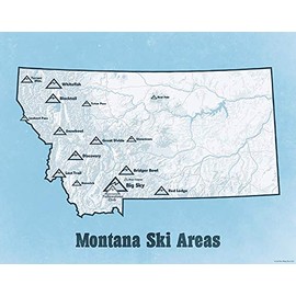 Montana Ski Resorts Map 11x14 Print (White & Light Blue)