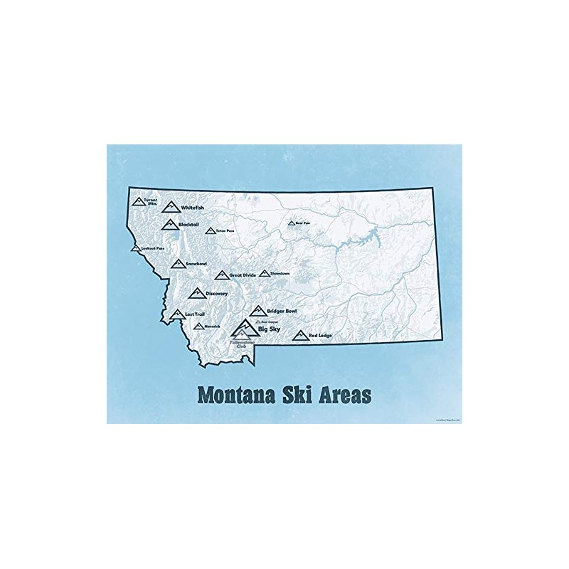 Montana Ski Resorts Map 11x14 Print (White & Light Blue)