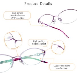 LifeArt Alloy Semi-Rimless Reading Glasses,Blue Light Blocking Glasses, Anti Eyestrain, Computer Gaming Glasses, TV Glasses for Women Men, Anti Glare (Purple, +2.25 Magnification)