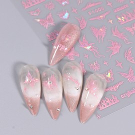 Vezocim Pink Butterfly Nail Art Stickers Decals-3D Butterflies Nail Self-Adhesive Sticker Designs Laser Pink Butterfly Star Moon Nail Transfer Decal Supplies for Women Girls Manicure Tips Decorations