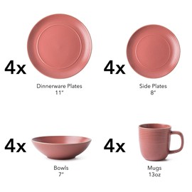 Arora RINGAR Round Stoneware 16pc Dinnerware Set of 4, Dinner Plates, Side Plates, Cereal Bowls, Mugs - Speckle Matte Red (395476)