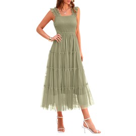 PRETTYGARDEN Women's Summer Midi Tulle Dress Sleeveless Smocked Square Neck Ruffle Flowy Party Wedding Guest Sundress (Light Green,X-Large)