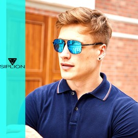 SPLION Herren Fahrerbrille Polarisierte Sonnenbrille Rechteckige Metall Rahmen Blau 1823 UV400 CAT 3 CE