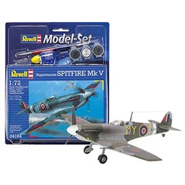 Revell Model Set 64164 Spitfire Mk V 1:72 Scale Unbuilt/Unpainted Plastic Model Kit with Contacta Professional Glue, Paintbrush & Selected Aqua Color Paints