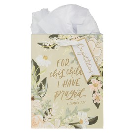 Christian Art Gifts Medium Portrait Inspirational Scripture Gift Bag, Tag & Wrapping Tissue Paper Set for Parents: For This Child We Have Prayed, Sturdy Satin Ribbon Handles, Cream Multicolor Floral