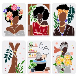 FINGERINSPIRE 6 pcs African Tribal Women Stencils 8.3x11.7inch Reusable African American Painting Stencil Female Silhouette Bathroom Decoration Stencil for Painting on Wood, Wall and Furniture