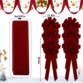 Suncalla 14 ft Christmas Bows Garland Fence Outdoor Decoration 6 Pcs 24 x 12 Inch Large Christmas Velvet Bows for Xmas Party Indoor Outdoor Front Door Fireplace Mantle Stairs Decor Supplies(Red)