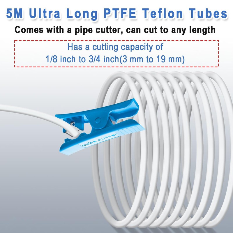 ACROSSXD 16.4ft(5M) PTFE Teflon Tube Kit,2pcs Teflon Feed Tube Connector，Tubing