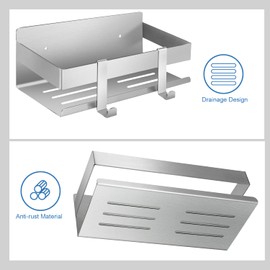 MEIJO Shower Shelf, No Drilling, Stainless Steel Shower Shelf with 2 Hooks, Rustproof Shower Basket, Shampoo Holder for Bathroom (Silver)