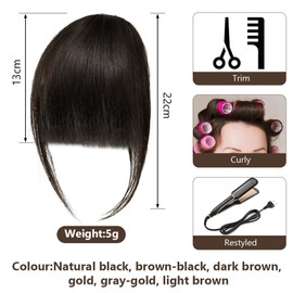 LOPHE Clip in Bangs, 100% Human Hair Bangs Clip in Hair Extensions, Clip in Fringe Bangs, Temples Hairpieces with Curved Bangs, Air Bangs Hair Clip for Women (Brown Black)