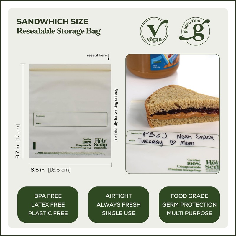 HOLY SCRAP! 100% Compostable Food Storage Bags SANDWICH Size -