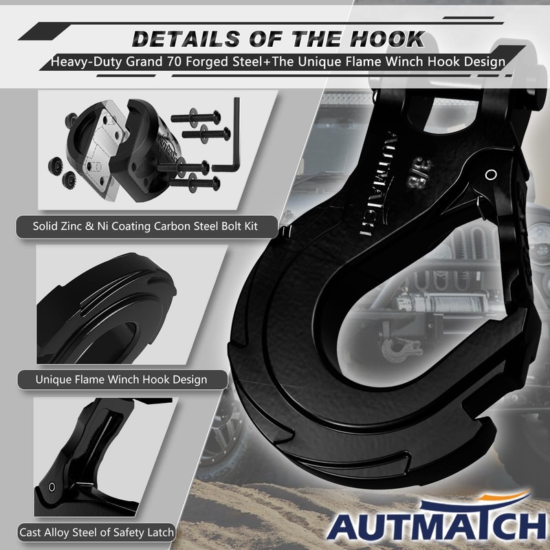 AUTMATCH Winch Hook 3/8" - Clevis Slip Hook with Safety