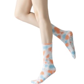 Yoga Pilates Socks with Grips for Women Non Slip Colorful Tie Dye Cushioned Crew Socks for Barre Ballet Dance (Orange/Blue)