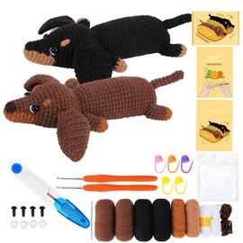KBIBCK Crochet Kit for Beginners, Crochet Starter Kit for Kids and Adults, Makes 2 Dachshund Dog Animals, Step-by-Step Video Tutorials, Knitting Accessories, Gift Box Birthday (Dog)