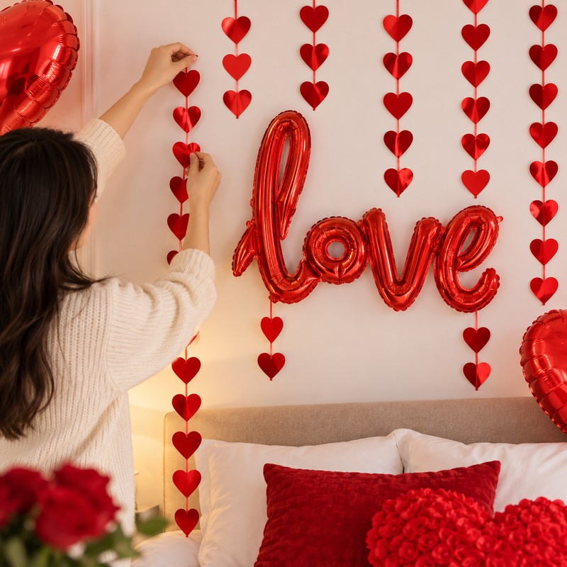 Romantic Red Heart Balloon Decoration Set with Hanging Heart Strands,