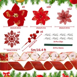 Gushu 116 Pcs 5 Style Christmas Red Glitter Artificial Poinsettias Flowers Faux Snowflake Berries with Clips Stems and 10.8 Yards Ribbon for DIY Xmas Tree Wreath Holiday Party Decor