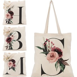 Floral Initial Canvas Bag Gifts for Women - 15"x16" Shoulder Tote Bags for Bridesmaids Hen Party Teacher Gift Shopping Bag C1 (Initial #S)
