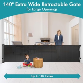 140 Inch Wide Retractable Baby Gates Extra Wide Retractable Dog Gate Outdoor Pet Gate Indoor Extra Long Baby Gate, Dog Gates for Doorways Extra Wide Pet Gate Retractable Fence for Wide Openings Black