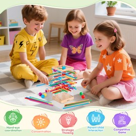 Montessori Wooden Board Game, 48 Colourful Sticks Dice Game for Fine Motor Skills & Math, Educational Games from 3 4 5 6 Years, Family Game Travel Game for Children, Gift Boys Girls from 3 Years