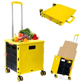 Foldable Utility Cart Folding Portable Rolling Crate Handcart Shopping Trolley Wheel Box with Lid Wear-Resistant Noiseless 360°Rotate Wheel for Travel Shopping Moving Storage Office Use (Yellow)