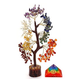 Sharvgun Seven Chakra Tree Feng Shui Bonsai Crystal Good Luck Tree Wealth & Prosperity Spiritual Gift & Seven Chakra Rainbow Pyramid Tree of Life 65-75 MM, 300 Crystal Beads Table Décor