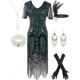 Women 1920s Gatsby Vintage Sequin Flapper Fringe Party Plus Dress with 20s Accessories Set, Sequin Black Green, XXX-Large