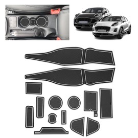 BSTW BSTW Auto Antirutschmatten fr Ford Puma II (2020-2024) | Originalgetreue Gummi Matte fr Mittelkonsole, Getr?nkehalter & Trmulden | Passend fr Ford Puma ST ST-Line Titanium (Wei?)