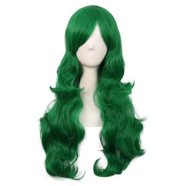 MapofBeauty 28 Inches / 70 cm Side Parting Bangs Charming Women Long Curly Full Hair Wavy Wig (Grass Green)