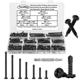 FandWay 185 Pcs Self Tapping Screws for Metal,Self Drilling Screws for Steel,M4.2x13~50mm Pan Head Sheet Metal Tek Screw,410 Stainless Steel Black Coating Phillips Drive With 1 Bits & Strong Box.