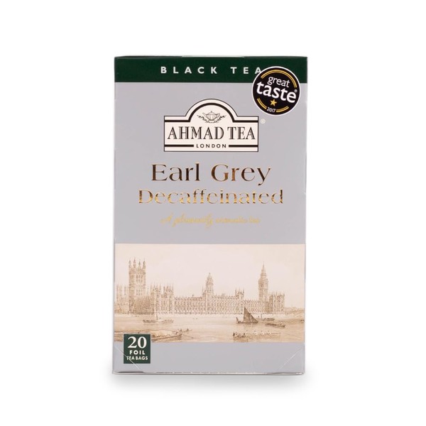 Ahmad Tea Black Tea, Decaffeinated Earl Grey Teabags, 20 ct (Pack of 6) - Caffeinated & Sugar-Free