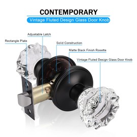 KNOBWELL 2 Pack Classic Round Glass Door Knobs Interior, Passage Clear Crystal Door Knobs for Hall and Closet, Matte Black Vintage Door Knob